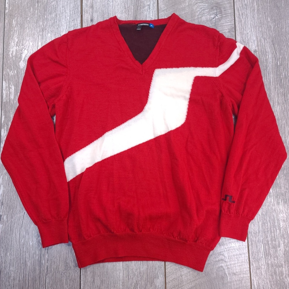 J.Lindeberg Mens Jethro True Merino Knit Sweater Size Large Red V-Neck Pullover